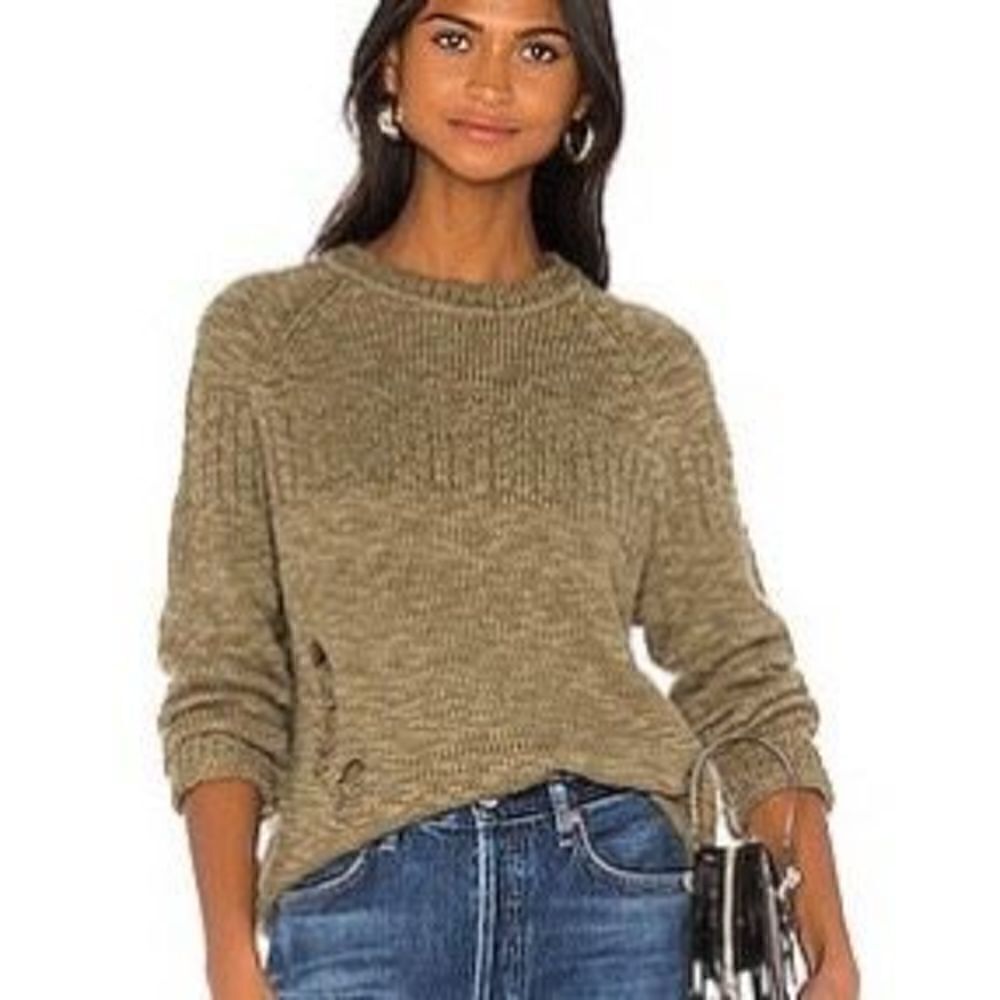 Lovers + Friends Olive Green Distressed Chunky Knit Raglan Sweater Womens‎ XS